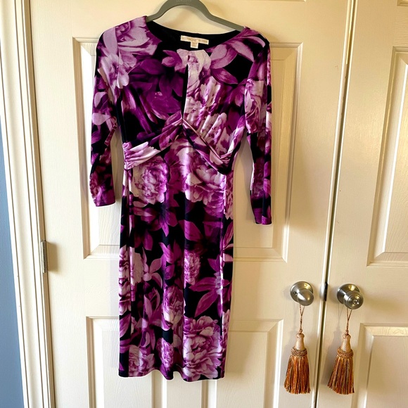 Boston Proper purple peonies midi dress - Picture 1 of 10